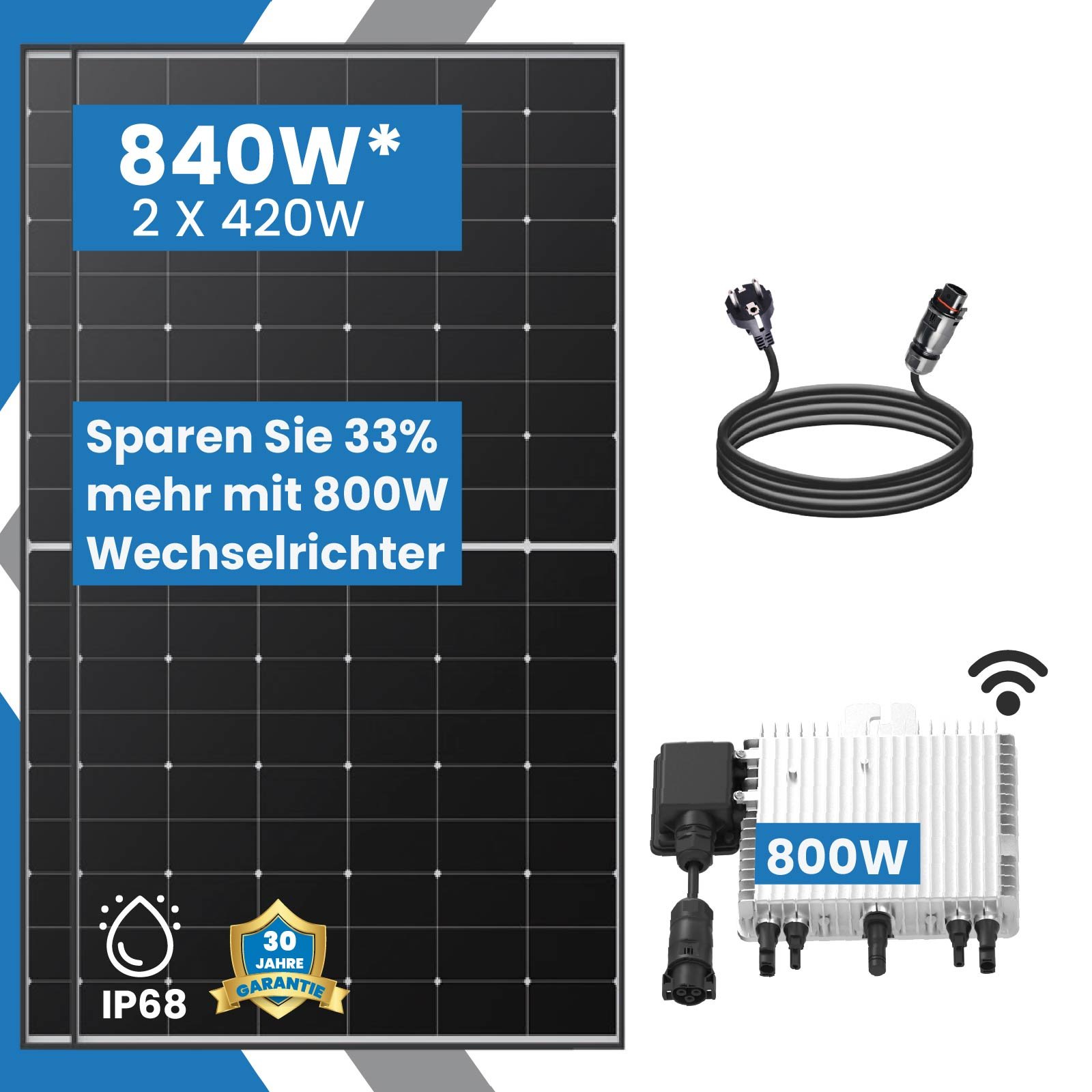 Balkonkraftwerk Komplettset 840W | Wechselrichter 800W | Photovoltaik Solaranlage mit 3m Schukostecker