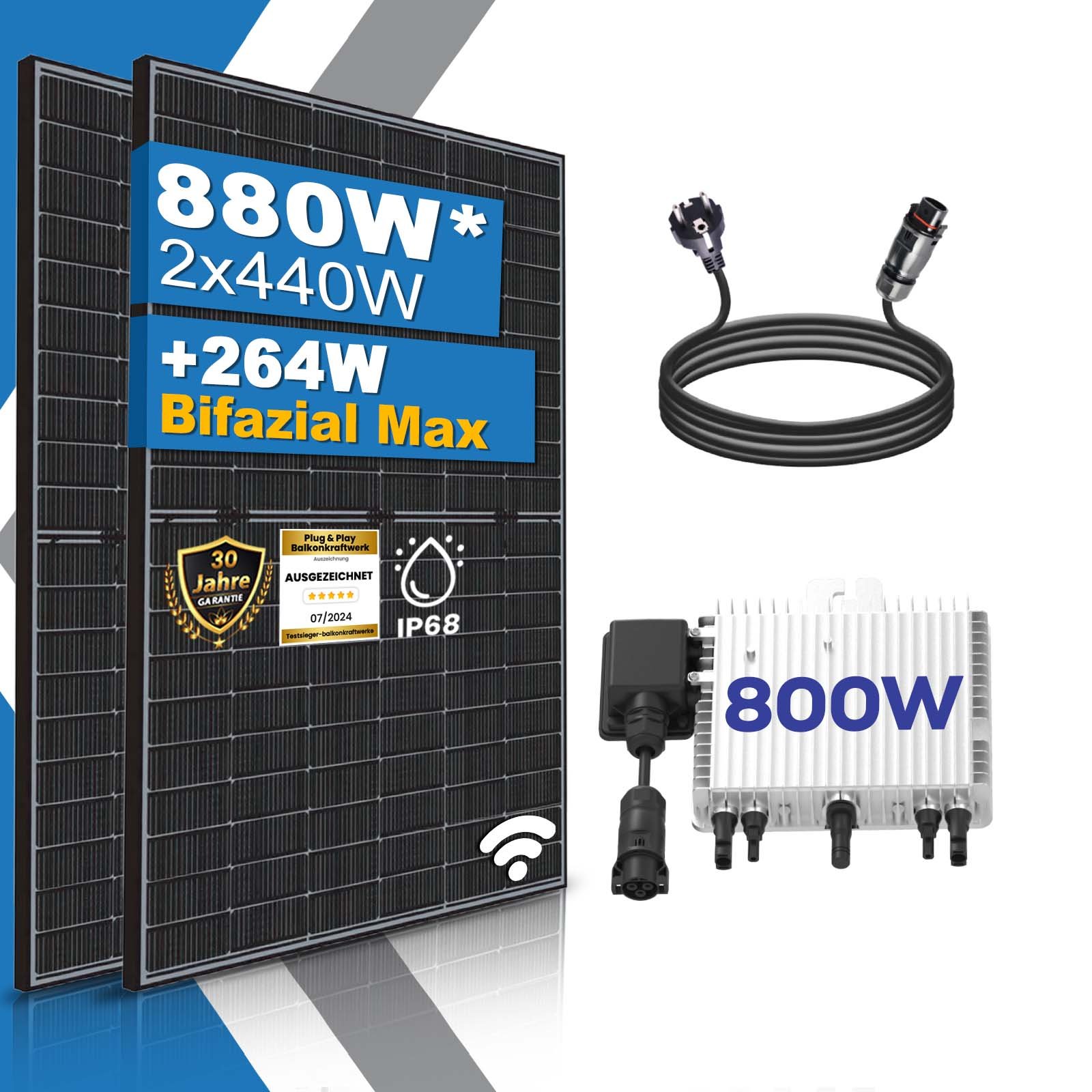 Balkonkraftwerk Komplettset 880W | Wechselrichter 800W | Photovoltaik Solaranlage mit 3m Schukostecker