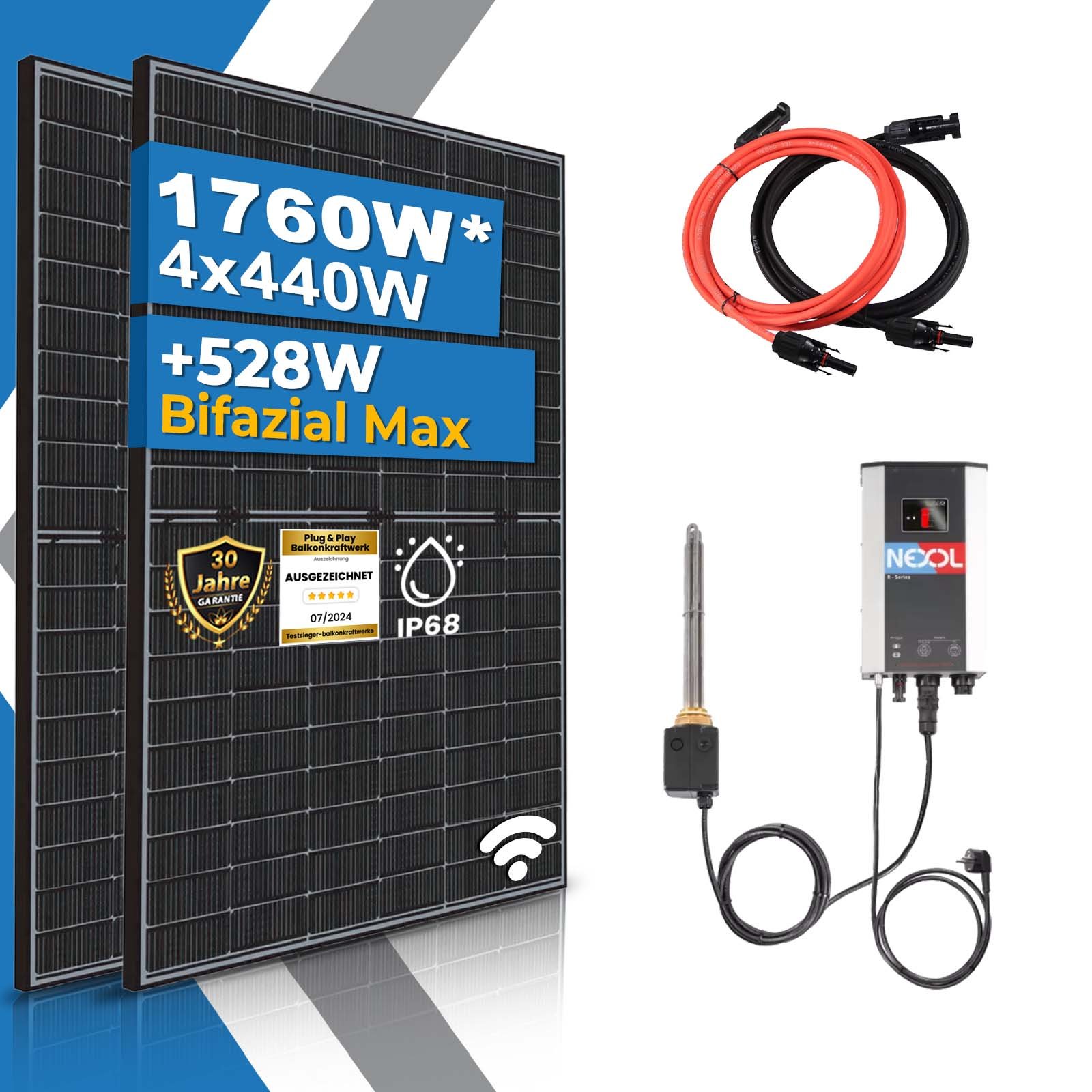 1760W PV Heizstab Komplettset- Bifazial Solarmodule, Nexol NEX R1 Hybrid Heizstab und Energiecontroller für Warmwasserbereitung