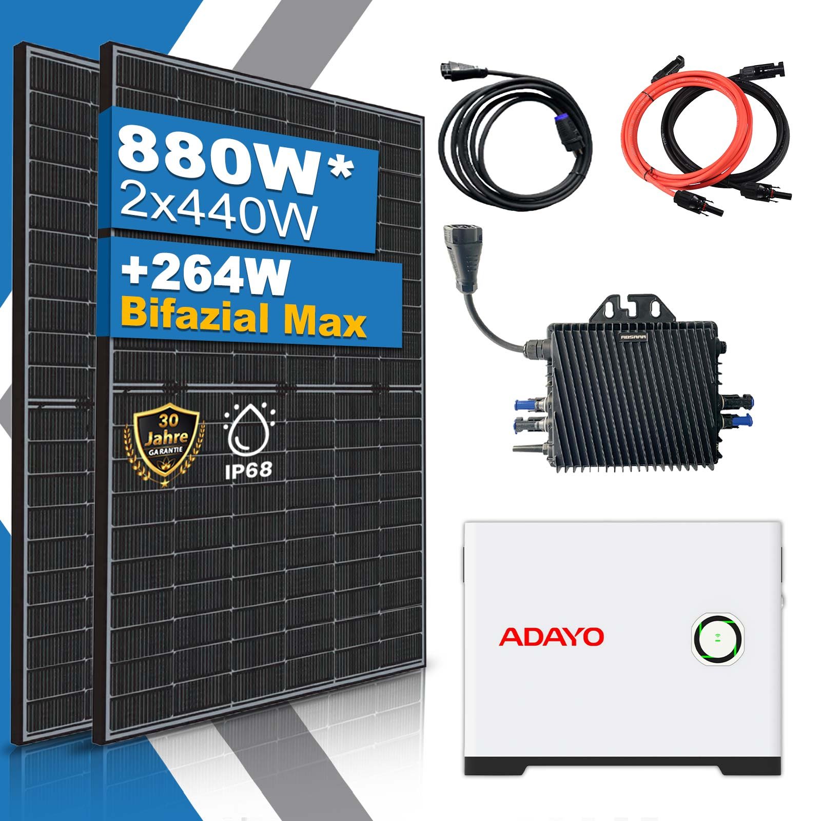 880W/800W Balkonkraftwerk mit Speicher Komplettset 2,24 kWh Adayo DA802 Speicher mit ABSAAR 800W WIFI Wechselrichter Smart Mini Anlage
